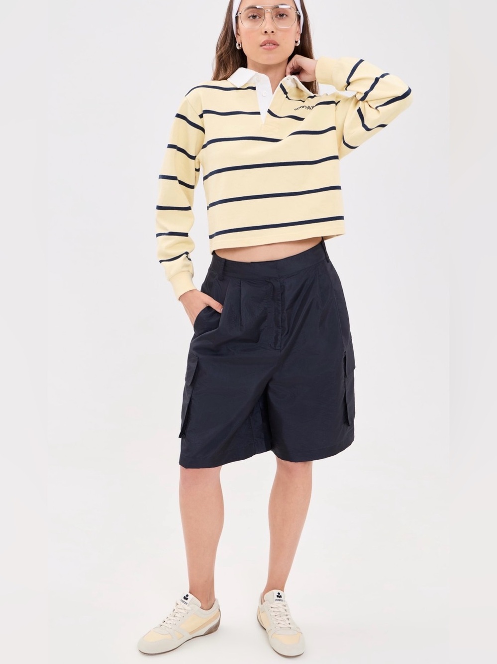 GU Women's Striped Rugby Shirt in yellow with navy stripes and a white collar